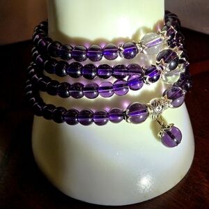 6mm Long Elastic Stone Amethyst (Dark Purple) Glass Beaded Twist Around Bracelet